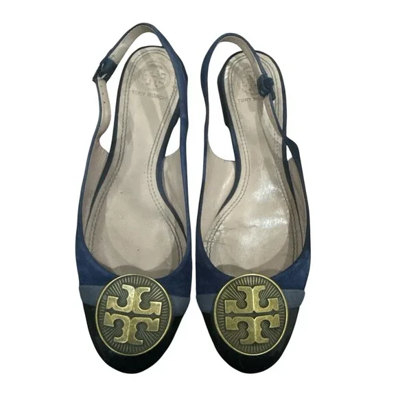 Tory Burch Alastair Slingback Heels Navy Suede Classic Logo Medallion 6M - Picture 2 of 6